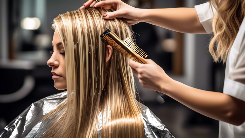 Create an image of a hairstylist meticulously applying blonde foils to a client