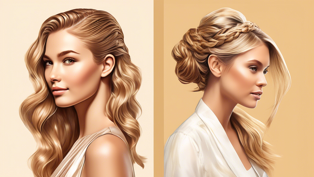 Create an image featuring a woman with light brown hair highlighted by blonde foils in various stylish looks. Illustrate three distinct styles: beach waves for a casual and chic vibe, sleek and straight hair showcasing the foils, and an elegant updo with braids. Integrate a soft background that hints at different occasions–a sunny beach, a chic urban setting, and a formal event, to emphasize the versatility of the hairstyles.