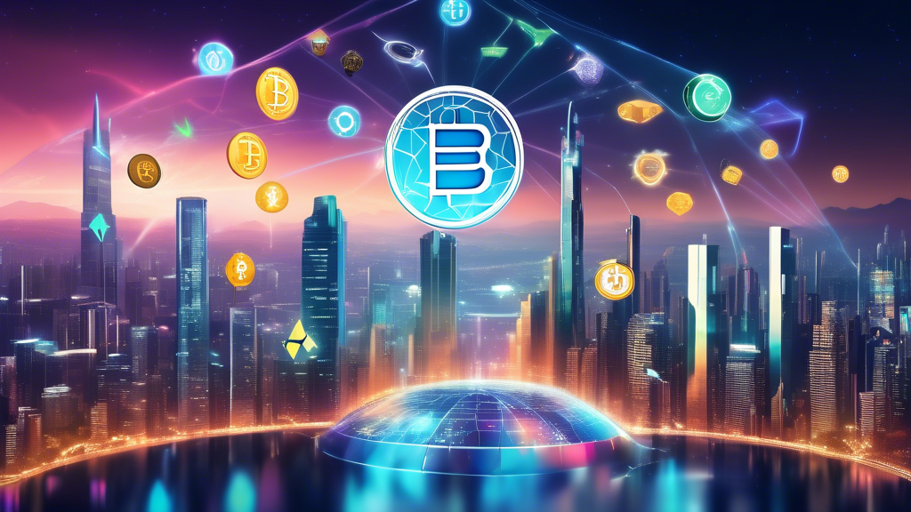 Create an image that shows a futuristic digital landscape with various prominent cryptocurrency logos (such as Bitcoin, Ethereum, Binance Coin, Cardano, and emerging cryptocurrencies) floating in the sky. Each logo should be represented as a glowing, holographic projection, symbolizing their potential for high growth. The background should feature a high-tech city with tall, sleek buildings and a digital stock market ticker displaying positive trends and graphs, indicating their performance analysis and growth potential.