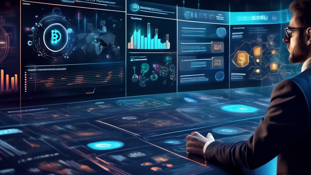 Prompt: An investor analyzing a diverse cryptocurrency portfolio on a futuristic digital dashboard, with highlighted features for risk assessment and management, diversification techniques, and growth opportunities. The dashboard should display various cryptocurrencies with graphs showing growth trends for 2023, surrounded by elements that reflect innovation and advanced technology. Keywords and icons related to investment strategy should be integrated seamlessly into the scene.