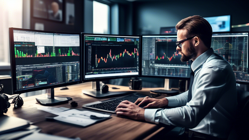 Create an image of a professional trader working at a sophisticated desk setup with multiple monitors displaying financial charts and data. Incorporate elements like graphs, notebooks, and financial newspapers to emphasize best practices and tips for managing leverage. The scene should show the trader confidently analyzing data, perhaps pointing at a chart or making notes, to underscore effective strategies and risk management techniques. Ensure the branding of TD Ameritrade is subtly visible on one of the screens or through a branded artifact on the desk.