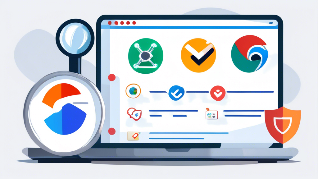 Create an image that shows a laptop screen with various popular web browser icons (e.g., Chrome, Firefox, Edge) next to VPN icons in a row. Above the screen, there is a magnifying glass highlighting a checklist with the following criteria: Compatibility, Speed, Privacy. The background should feature elements symbolizing online privacy, such as a lock, shield, and encrypted data symbols.