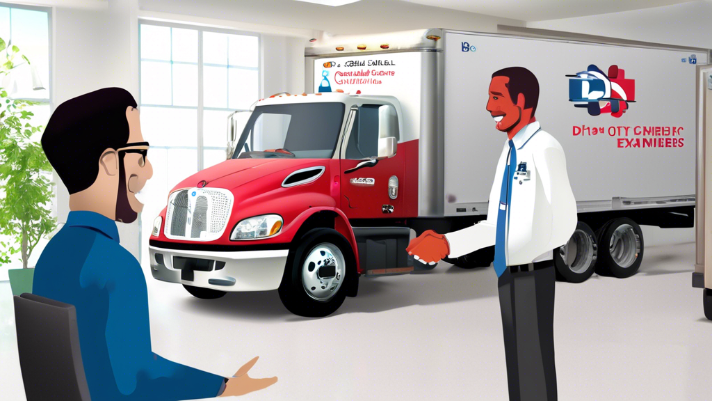 A scene depicting a modern medical office with a friendly certified medical examiner and a commercial truck driver shaking hands. There is a computer screen in the background displaying an online directory of certified DOT examiners. The setting also includes posters on the walls showing health checklists and DOT certification logos. The overall ambiance is welcoming and professional, emphasizing the ease of locating and booking a medical CDL exam through online resources.