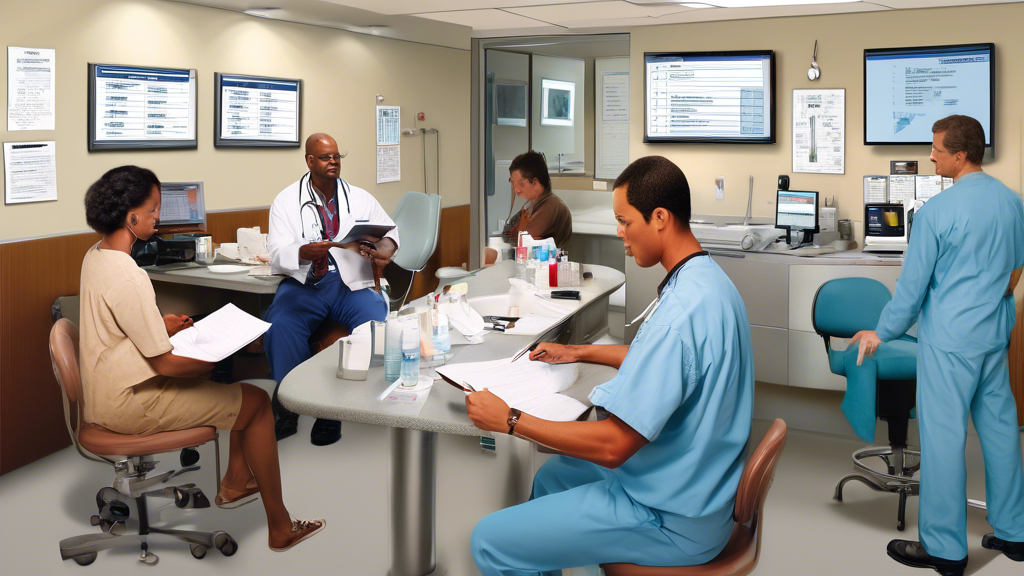 DALL-E prompt: An image showing a diverse group of commercial drivers preparing for their Medical CDL Exam. The scene includes a clean, modern medical office with a friendly doctor conducting vision and hearing tests, checking blood pressure, and noting down information. The drivers hold a variety of documents and identification cards. A checklist on the wall highlights items needed for the exam, such as medical history forms and ID. The atmosphere is professional, reassuring, and well-organized, reflecting the thorough medical screening process for obtaining a CDL.