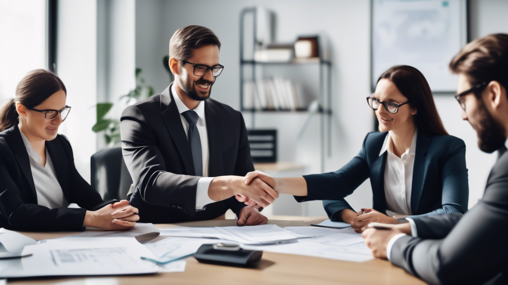 Create an image that depicts a team of local injury lawyers in a professional office setting. The scene should showcase them engaged in various activities:

- One lawyer sitting at a desk conducting a comprehensive case evaluation with a client.
- Another lawyer standing and shaking hands with a medical expert who holds a clipboard, symbolizing access to critical local resources.
- A lawyer preparing documents with evidence spread out on a conference table, indicating the development of a legal strategy.
- In the background, a courtroom with lawyers representing a client, illustrating professional representation in court.

The office should have regional elements, like a city map on the wall or local landmarks visible through the window, emphasizing the community focus. Bright, inviting lighting and organized surroundings should convey professionalism and approachability.