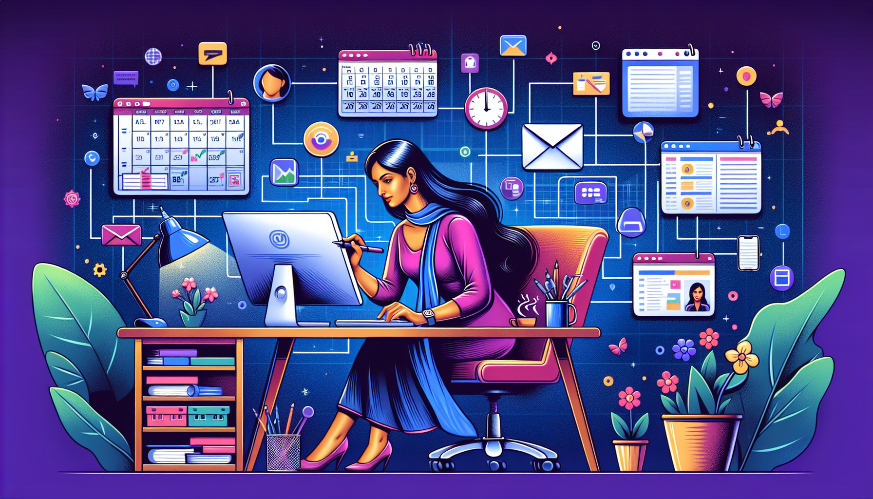 Create a detailed and vibrant illustration depicting a virtual assistant at work. The scene should show a remote workspace with a computer and various tools like calendars, emails, and project management apps on the screen. The virtual assistant should be multitasking, handling different tasks such as scheduling, email management, and client communications. Around the scene, include icons or small imagery representing top websites for finding virtual assistant positions like Upwork, Freelancer, and Fiverr. The atmosphere should feel professional yet flexible, highlighting the versatility and high-demand for this online side job.