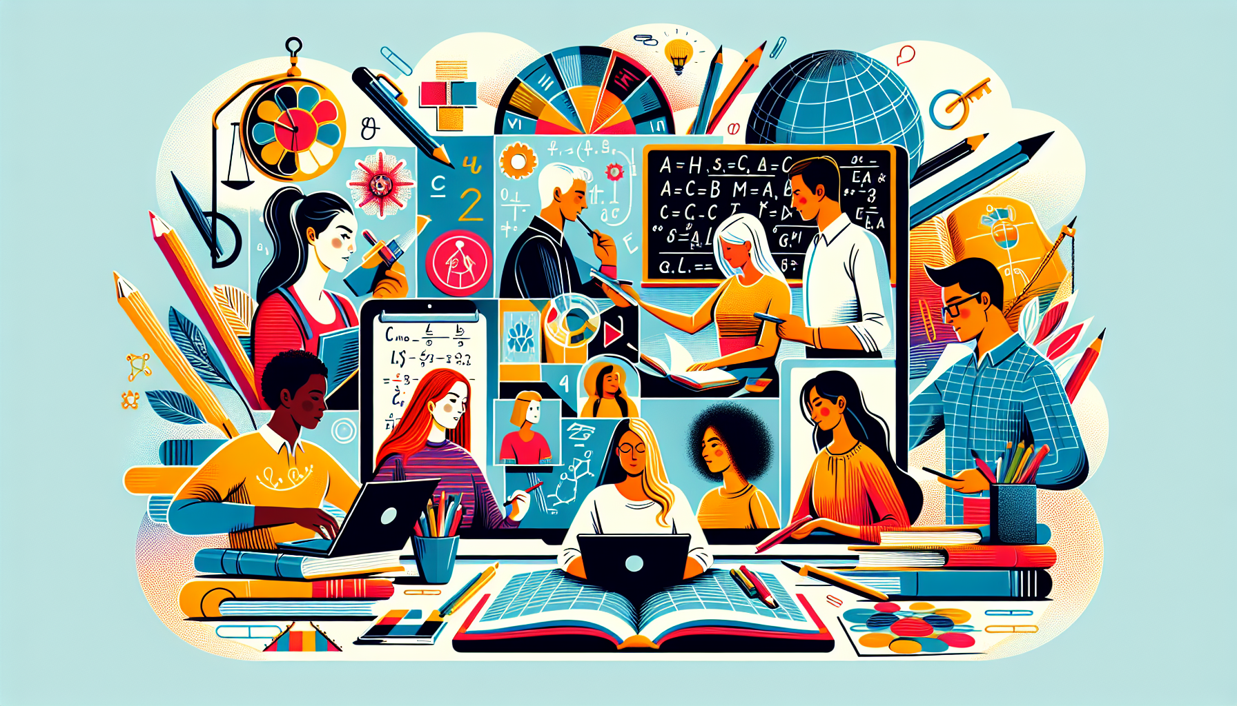 Create an illustration that depicts the concept of Online Tutoring: Share Your Knowledge as a Side Hustle. Visualize a friendly and engaging online environment where a diverse group of tutors is teaching various subjects. Include elements like laptops, books, and subject-specific icons (e.g., a math equation, a globe for geography, a palette for art) to represent different fields of knowledge. Show tutors interacting with students through video chat, showcasing the benefits and dynamic nature of online tutoring as a side hustle.