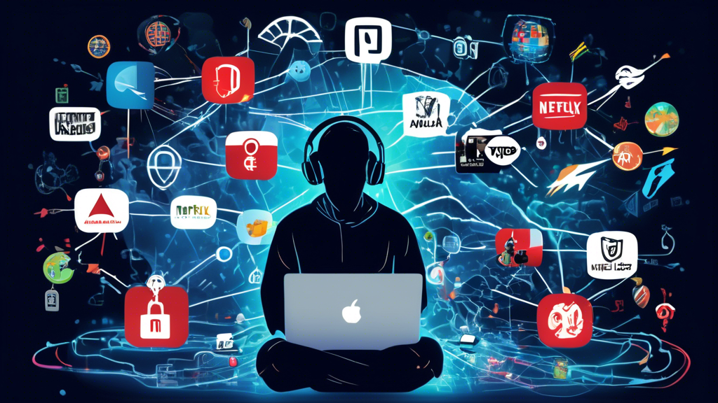 Create an image of a tech-savvy individual using a laptop at home, with multiple international streaming platform logos (Netflix, Hulu, Amazon Prime Video) floating around them. The individual is surrounded by symbols of speed (e.g., lightning bolts), security (e.g., padlocks), and global server locations highlighted on a world map. The setting should suggest a seamless, secure and fast streaming experience.