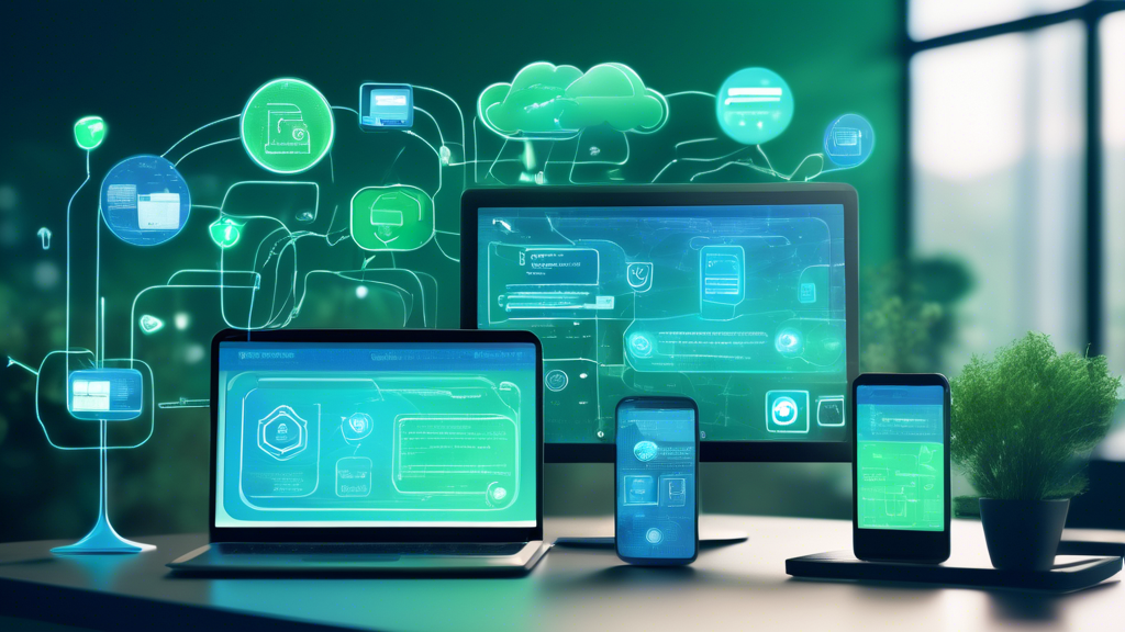 Create an image showing a digital landscape with a modern computer screen displaying system update notifications, a smartphone with a multi-factor authentication screen visible, and an encrypted file folder with a lock icon. Surround the primary devices with soft blue and green tones to symbolize security and privacy. Include subtle representations of code or encryption algorithms in the background to emphasize data protection. Ensure the atmosphere is high-tech yet approachable, conveying a sense of advanced yet attainable privacy measures.