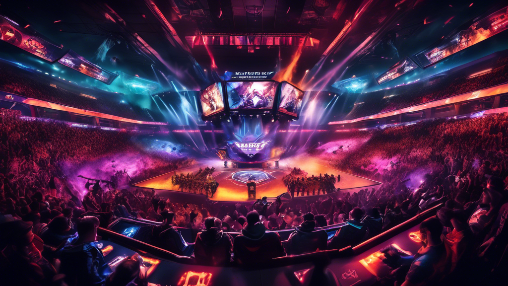 Create an image showcasing a dynamic and energetic esports tournament scene, highlighting popular esports titles like League of Legends, Dota 2, and Counter-Strike: Global Offensive. Include visually engaging gameplay elements of each game, such as champions from League of Legends, heroes from Dota 2, and iconic maps and characters from CS:GO. The image should have a vibrant atmosphere with audiences, large screens, and intense in-game action to emphasize the excitement and competitiveness of these leading esports titles.
