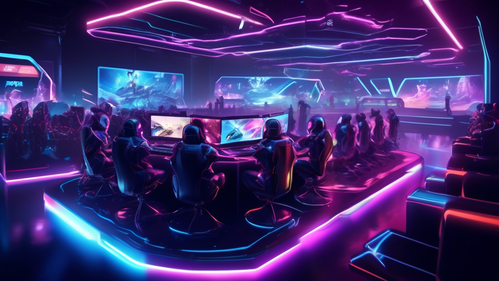 Create an image prompt for DALL-E based on outline point #3:

Create an image portraying the future trends in esports by showcasing emerging and trending games that have the potential to become top esports titles. The scene should include futuristic, dynamic elements like neon lights and holograms with gamers and spectators engaged in an immersive, high-tech environment. Add visuals of upcoming games with imaginative, innovative gameplay scenes alongside newer versions of gaming consoles. Highlight the energy and excitement of a large tournament crowd, reflecting the community growth and tournament successes. Ensure the overall feel is forward-looking, hinting at the evolution and future landscape of competitive gaming.