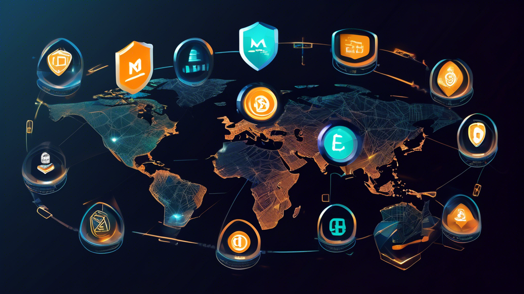 Create an image that showcases the main functionalities and advantages of the Mexc Global Exchange platform. The image should include a sleek and modern interface screen displaying various trading pairs, a visual representation of robust security features like shields and locks, and diverse crypto symbols (e.g., Bitcoin, Ethereum). The setting should be a futuristic, high-tech environment to emphasize cutting-edge technology and reliability.