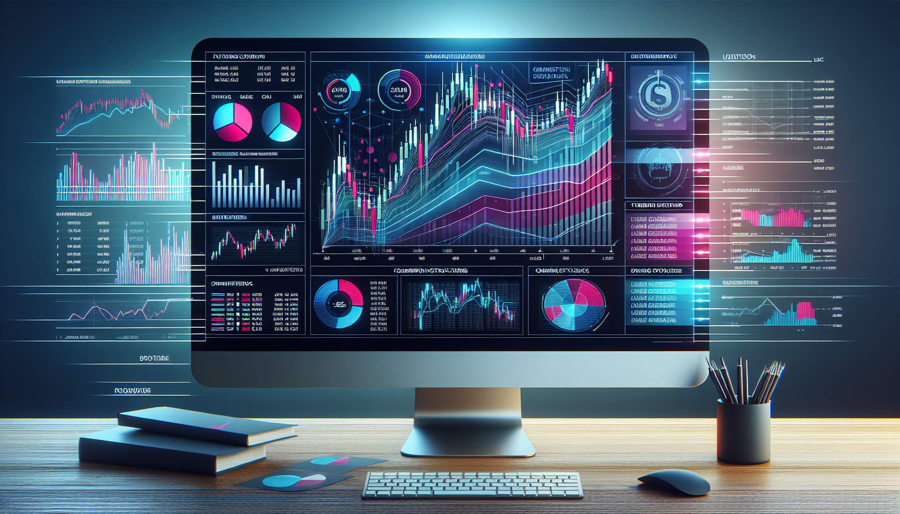 Create an image showcasing the Bybit trading platform interface on a computer screen, highlighting various futures contracts and trading pairs available. Include elements such as detailed graphs, market trends, and commission structure charts. The setting should reflect a modern, professional trading environment with a focus on the tools and functionalities offered by Bybit for futures trading.