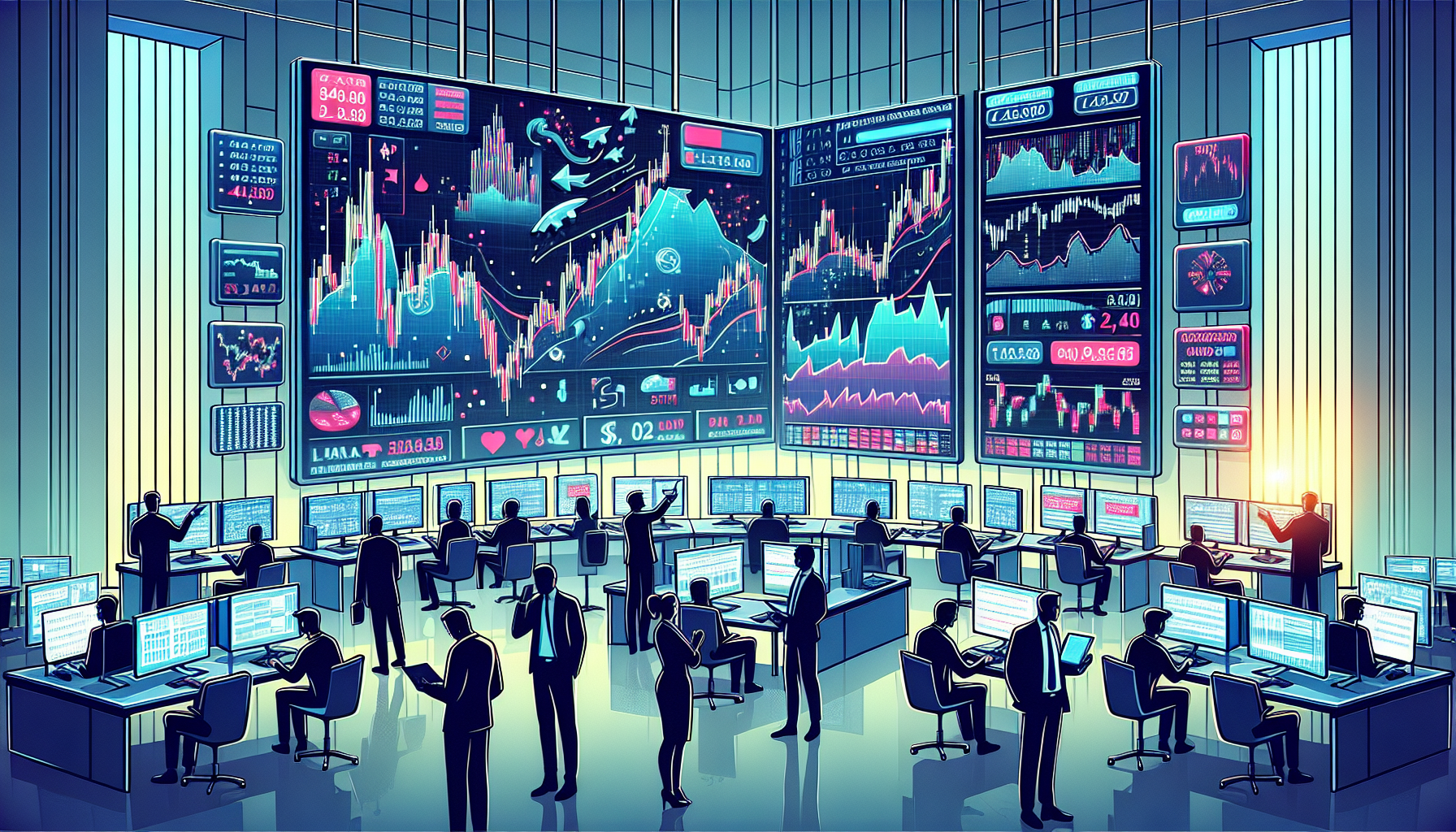 Create an image depicting advanced trading strategies on Bybit futures. The visual should include charts with candlestick patterns, traders analyzing data on multiple screens, and various financial symbols representing risk management and capital allocation. The atmosphere should convey a high-tech, fast-paced trading environment, with emphasis on expert advice and common pitfalls highlighted in a subtle yet informative manner.