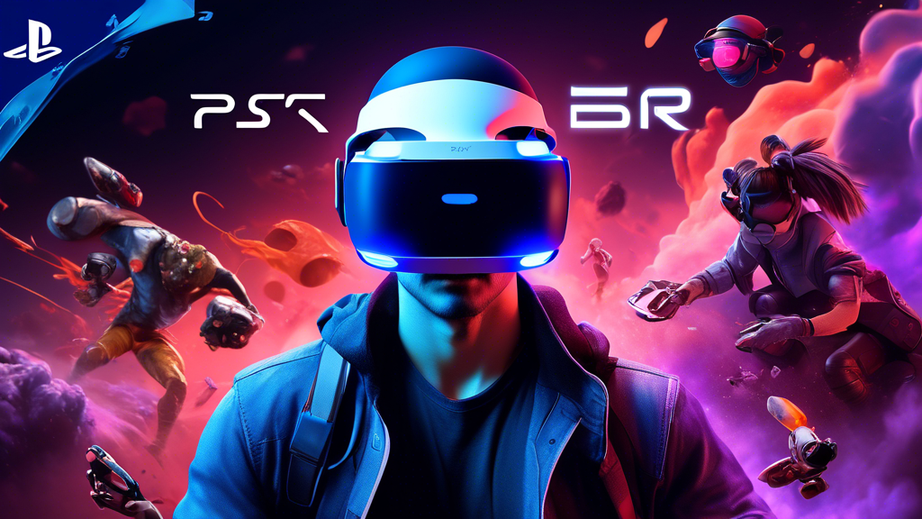 Create an image showcasing the key features and technological advancements of the PSVR for PS5. Highlight the improved resolution and refresh rate with a sharp and vibrant virtual reality game scene. Depict the new enhanced tracking and controllers, showing a gamer with the PS5 VR headset and the updated controllers, demonstrating precise and realistic movements. Include elements that emphasize seamless integration with PS5 technology, such as the PS5 console and accessories, for an overall futuristic and immersive gaming setup. Use a modern and dynamic color palette to reflect the cutting-edge technology.