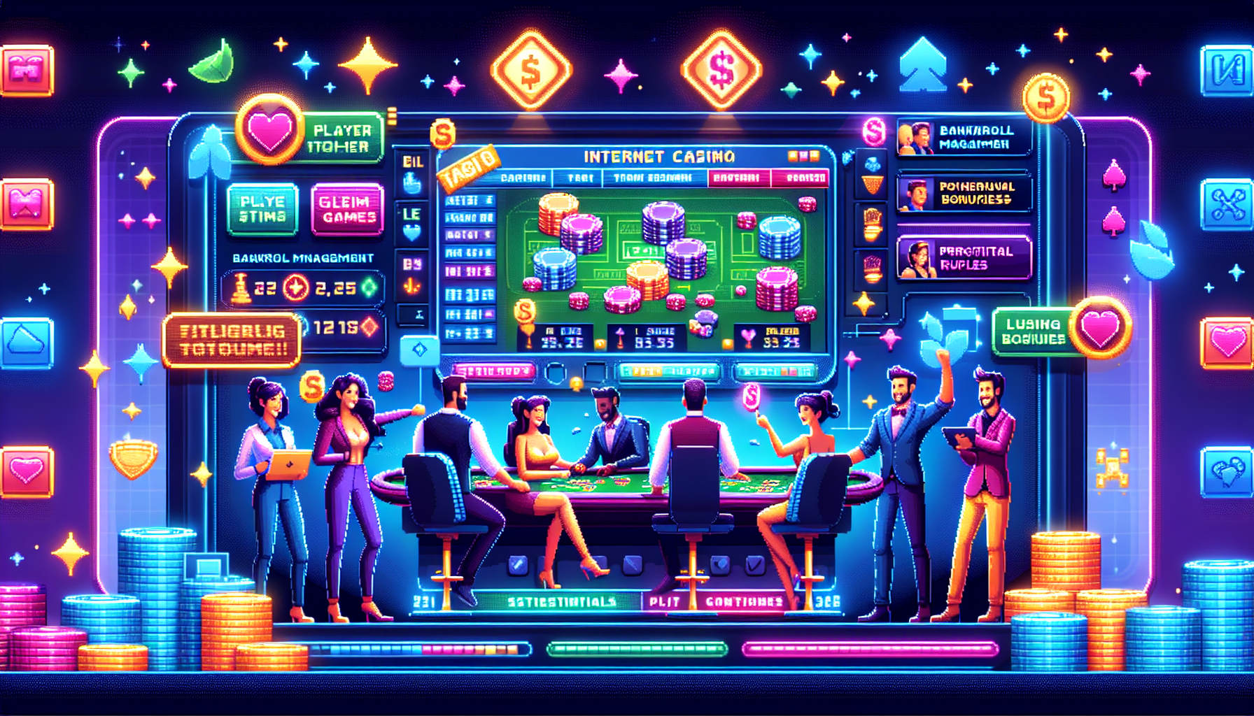 Prompt for DALL-E Image:

A vibrant, dynamic scene of a modern online casino interface with a mix of players deeply engaged and celebrating wins. Show a diverse set of characters at their screens, highlighting tools and features like bankroll management, bonus utilization, and game rule guides. Include graphical elements like success testimonials, strategy charts, and promotional offers. Utilize high-quality, user-friendly design elements with glowing testimonials highlighted in speech bubbles to create an inviting and strategic ambiance.