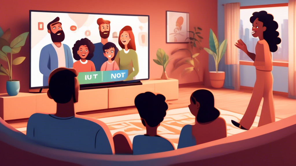 A cozy living room with a diverse family watching a show on a large smart TV; the screen displays a crisp, clear local news broadcast. Surrounding the family are icons representing streaming features like high-quality video, intuitive user interface, and excellent customer support. A thought bubble above the parents reads ‘It