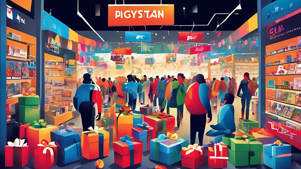 Create an image depicting a bustling, holiday-themed local electronics store with festive decorations and banners promoting big sales on PlayStation 4 consoles. Show shoppers eagerly looking at stacks of PlayStation 4 boxes with price tags highlighting significant discounts. Include visible signs for Black Friday and holiday sales to emphasize the seasonal promotions.