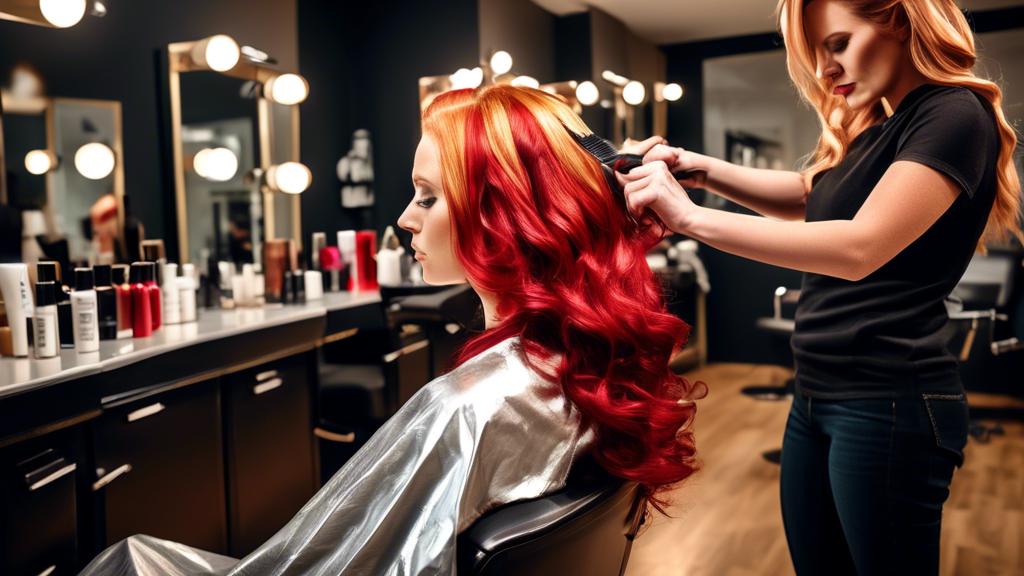 Create an image of a salon scene where a hair stylist is applying blonde foils to a client