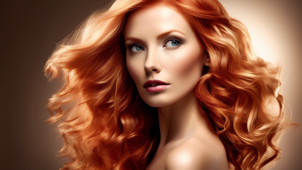 Create a stylish image of a red-haired woman with blonde foils, styled in an elegant evening look. The hair should be voluminous and wavy, catching the light to showcase the contrast and dimension added by the blonde foils. The woman should be dressed in a glamorous evening gown, with subtle makeup and accessories that complement her hair. The background should be a sophisticated, dimly-lit setting, perhaps a luxurious party or a classy event.