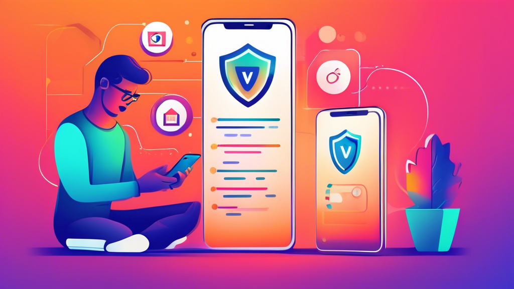 A detailed and colorful illustration showing a person setting up a free VPN on their phone. The image captures a step-by-step guide, featuring screens for installation, setting configuration, and optimization tips. Icons or symbols for enhanced security, performance optimization, and troubleshooting are clearly depicted, emphasizing ease of use and the benefit of VPN for phone security.
