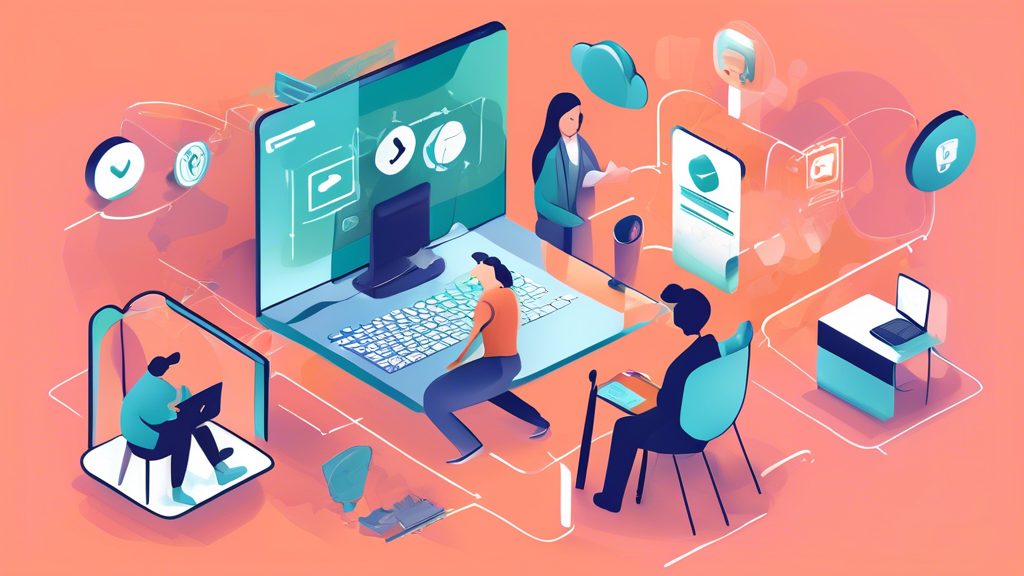 Create an image featuring different methods to open a blocked website. Include visual representations of tools such as a laptop screen displaying a VPN software interface, a proxy server setup, a web-based proxy site, and browser extension icons. Illustrate people using these methods in a tech-savvy environment, like a modern home office or a co-working space. Incorporate elements that signify security and anonymity, such as padlocks, shields, and incognito mode browser windows.