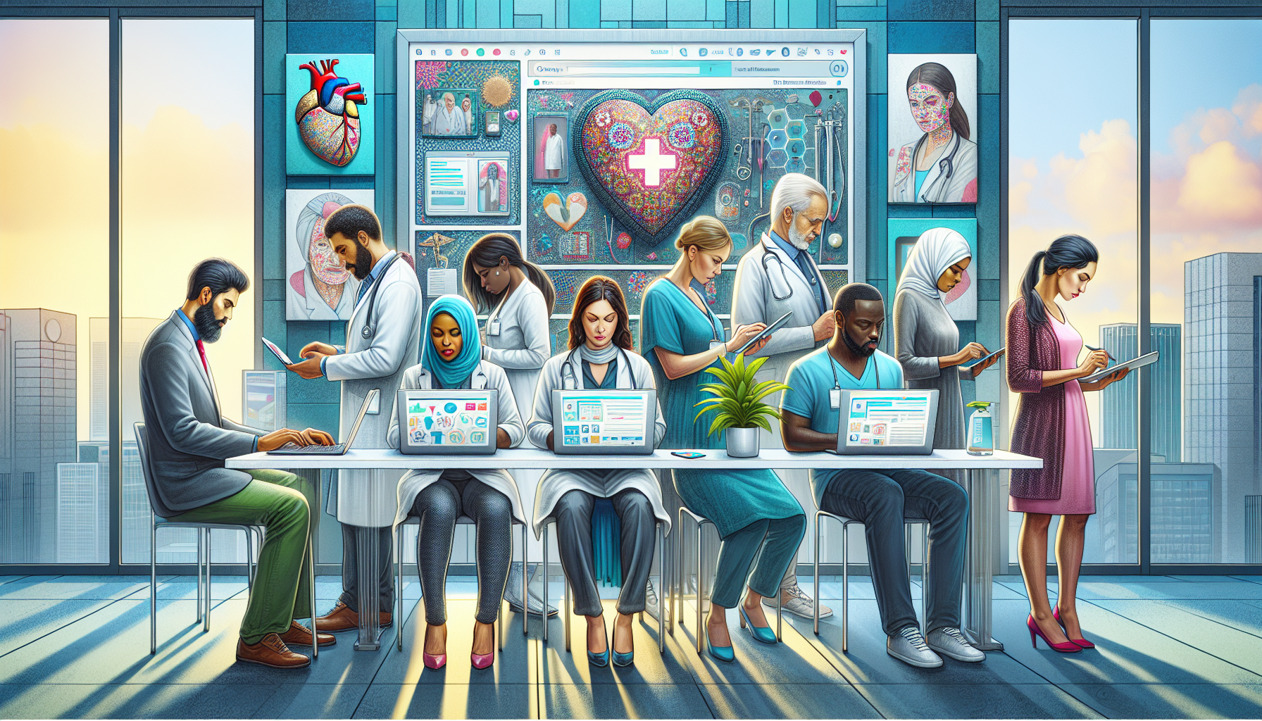 Digital painting of diverse healthcare professionals and patients engaging with laptops and tablets, filling out medical surveys on various user-friendly websites, set in a modern office environment with healthcare-themed decor