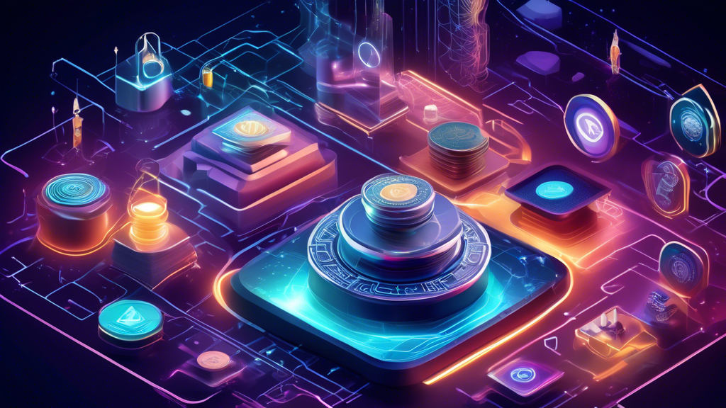 Create an image illustrating the Key Features and Innovations of Emerging Alt Coins. The scene should depict a futuristic digital landscape filled with various glowing, uniquely designed coins, each representing a new alt coin. Highlight diverse technological advancements like blockchain networks, smart contracts, and more. Include a few prominent coins with icons or logos, symbolizing their unique value propositions. The background should be a blend of abstract, high-tech elements, emphasizing innovation and the digital nature of these currencies.