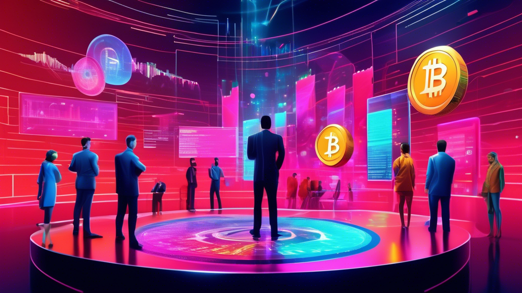 A futuristic financial landscape with vibrant graphics representing various new alt coins. The scene includes a diverse group of investors analyzing digital charts and market data on holographic screens. Elements should highlight investment strategies, potential risks (such as warning signs or red alerts), and predictive analysis of market growth, all set against a backdrop of technological innovation and evolving market dynamics.