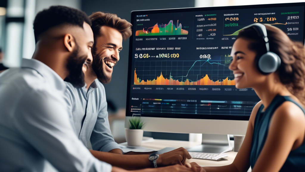 Create an image illustrating the key advantages of using a SoFi Margin Account. The scene should depict a diverse group of happy, confident investors looking at computer screens with stock market charts. Highlight elements that convey increased purchasing power, low-interest rates, and minimal fees. Include visual cues like financial growth graphs, dollar symbols, and investment opportunities to emphasize diversification and leverage potential.