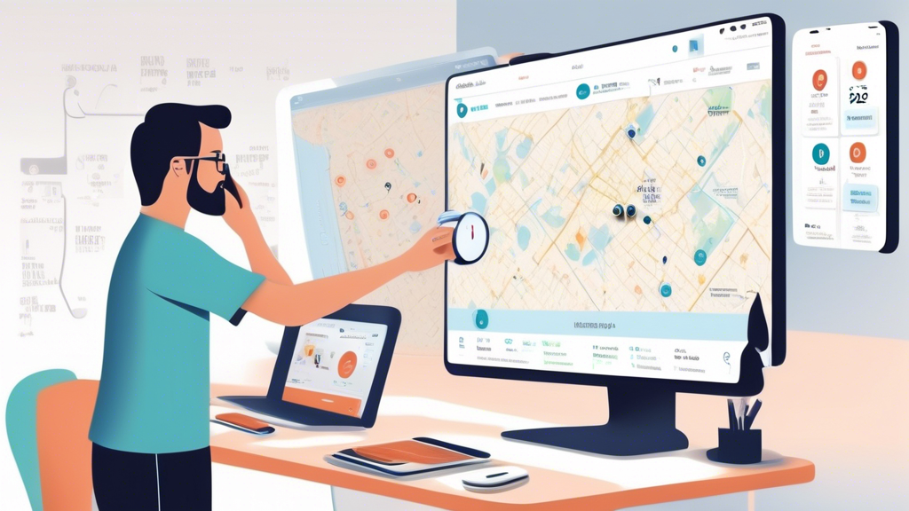 Create an image that visually represents How to Locate a 24 Hour DOT Physical Near Me. The scene should show a person sitting at a desk, using a computer and a smartphone to search online for 24-hour DOT physical services. The computer screen displays search results, while the smartphone shows a digital map with nearby clinics highlighted. On the desk, include items like a coffee mug, a small notepad with keywords like 24 hour DOT physical near me, and a few medical brochures. The background can include elements like a wall clock showing late hours, emphasizing the urgency and the 24-hour availability aspect.