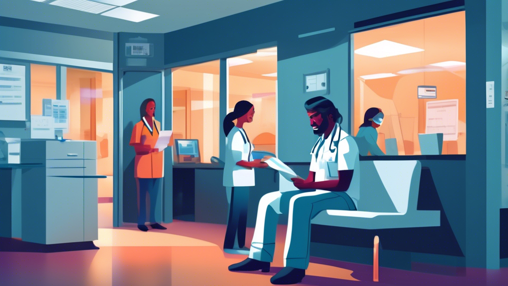Create an illustration that shows a commercial truck driver in a brightly lit, modern clinic at night. The driver is sitting in a waiting room, holding his paperwork and looking calm and prepared. The clinic staff, including a nurse and a doctor, are visible in the background, ready to assist. The interior should include clear signage with 24 Hour DOT Physicals to indicate the availability of overnight services. Various medical equipment relevant to the DOT physical, such as an eye chart, blood pressure monitor, and urinalysis kit, should be visible to give a sense of the comprehensive examination process. The scene should exude a sense of efficiency and professionalism, reflecting the thorough nature of the examination.
