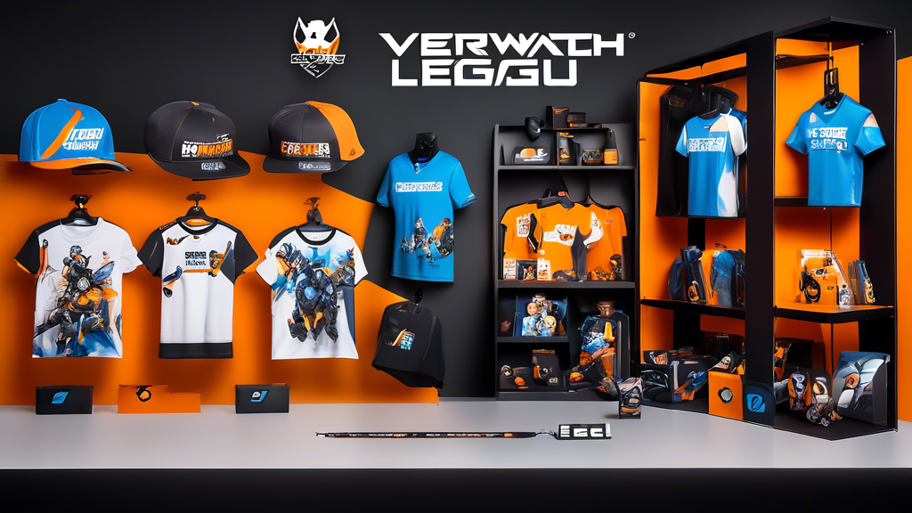 Create an image showcasing exclusive and limited edition Overwatch League merchandise. The scene should include high-quality character-themed apparel, unique accessories, and limited edition collectibles displayed on sleek, modern shelves. Add a banner that says 