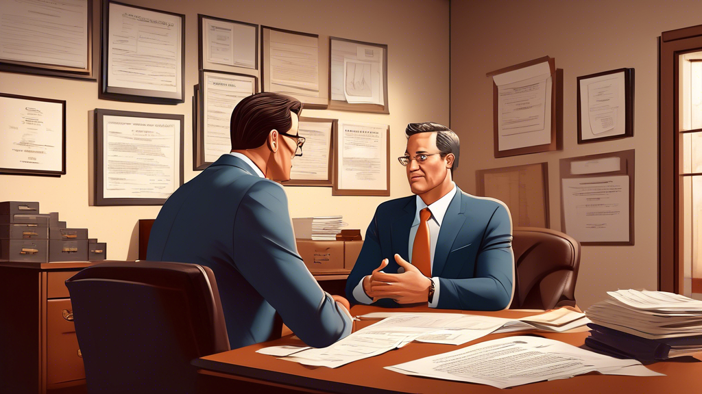 A detailed illustration of a professional, empathetic lawyer discussing complex legal terms with a client in a comfortable office setting. The lawyer