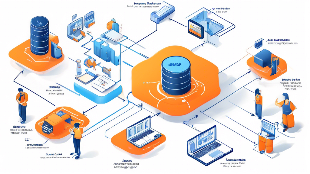 A detailed illustration showing the step-by-step process of setting up AWS Backup. The image should include elements like creating an AWS account, basic configuration steps, integrating AWS Backup with existing AWS services, and scheduling automated backups. Include diagrams, icons, and flowcharts to visually guide viewers through the setup process.