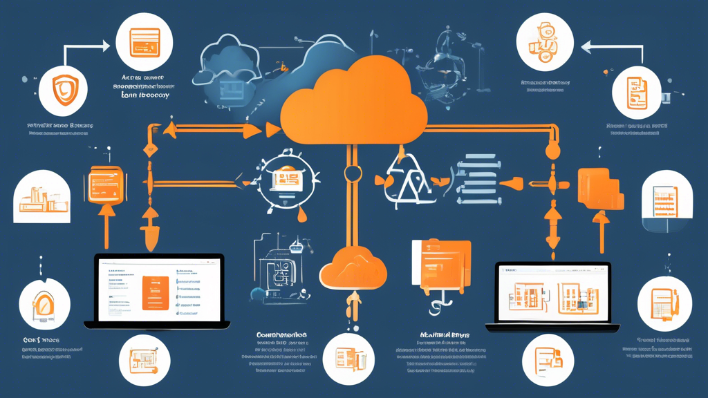 Create an image that illustrates the best practices for managing and optimizing AWS Backup. The scene should include elements of data encryption, access controls, and compliance, as well as cost optimization strategies like charts or graphs representing cost savings. There should also be a visual representation of a disaster recovery plan being tested and adjusted to ensure maximum efficiency. The background should subtly incorporate the AWS logo or color scheme to connect it with Amazon Web Services.