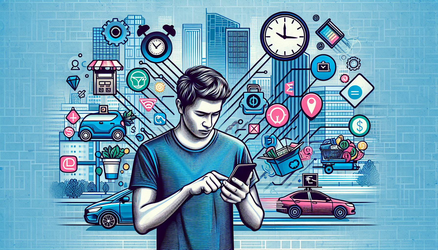 Create an image showcasing the gig economy hustle. Picture a young adult multitasking with gig economy apps like Uber, DoorDash, and TaskRabbit on their smartphone. The background should depict an urban setting with icons representing various tasks such as a car, a delivery bag, and a toolbox, signifying the different hustles. Add a clock symbol to indicate speed and efficiency, and include some cash or dollar symbols to emphasize fast earnings.