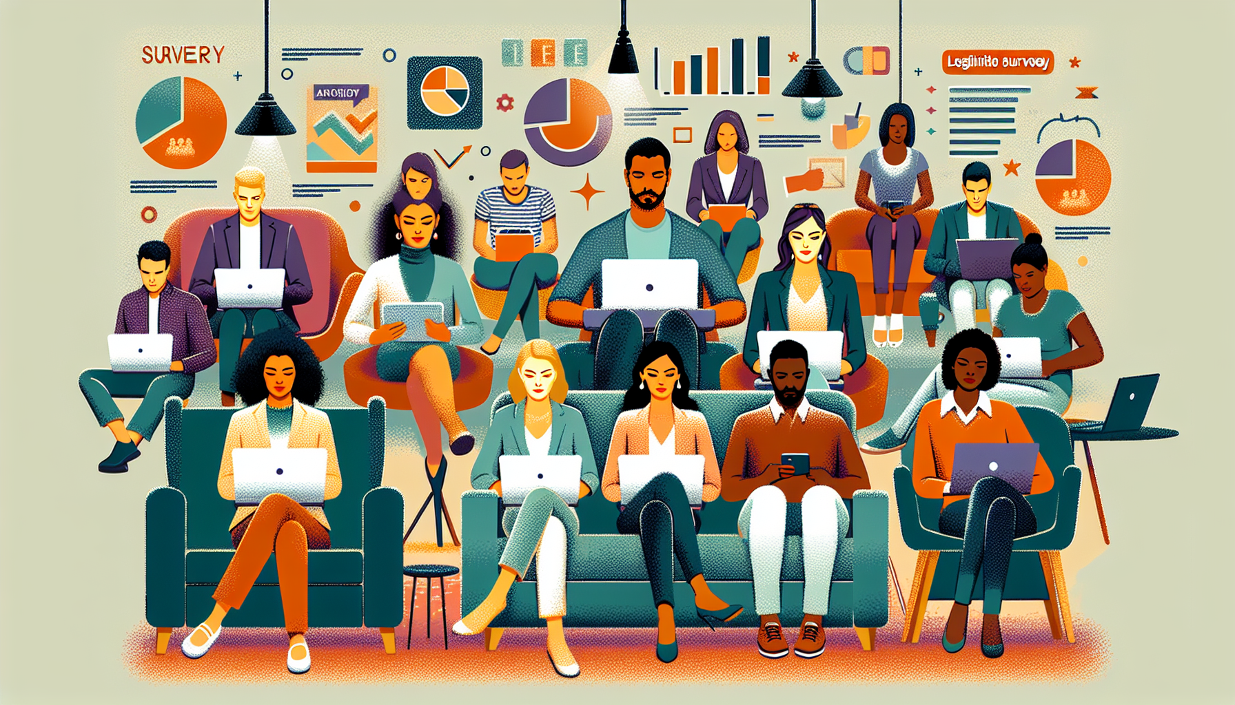 Create an image showcasing individuals comfortably seated with laptops or tablets, actively engaged in filling out online surveys. Surround them with recognizable logos of legitimate survey sites such as Swagbucks and Survey Junkie, blending seamlessly into a casual home or coffee shop setting. The background should subtly highlight elements of market research, like bar graphs and pie charts, to illustrate the hustles to make money concept.