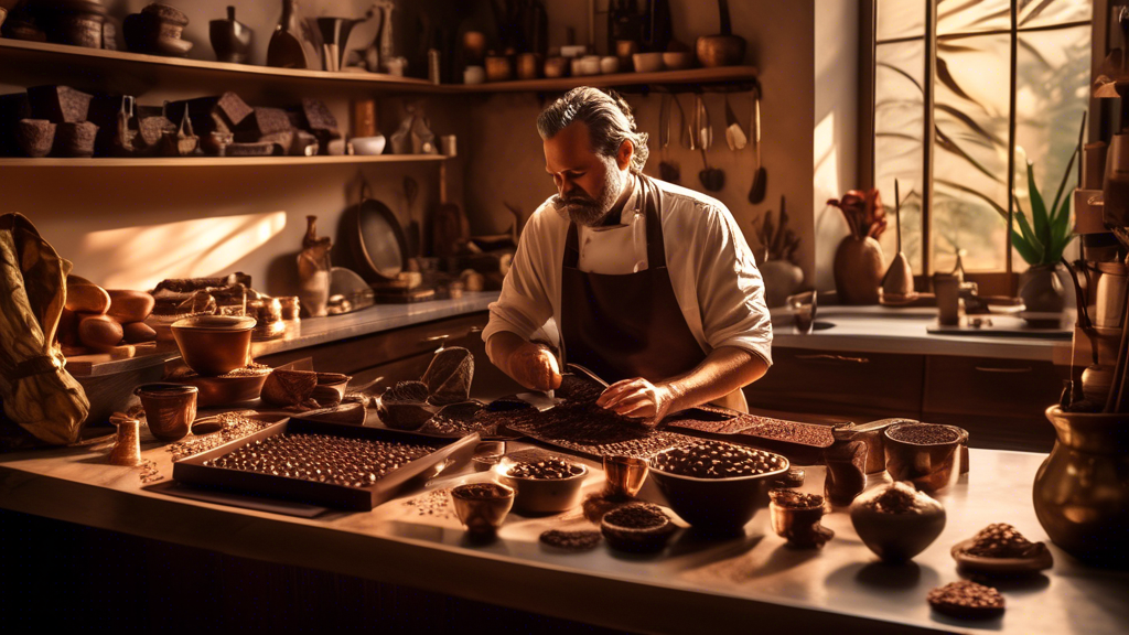 DALL-E prompt: An image of a chocolatier in a cozy, sunlit kitchen early in the morning, surrounded by exotic ingredients like vanilla pods, fresh cocoa beans, and rare spices. The chocolatier is focused on tempering a bowl of shining, molten chocolate using a marble slab and a metal spatula. The workspace is neatly arranged with various tools like digital thermometers, a double boiler, and silicone molds ready for use.