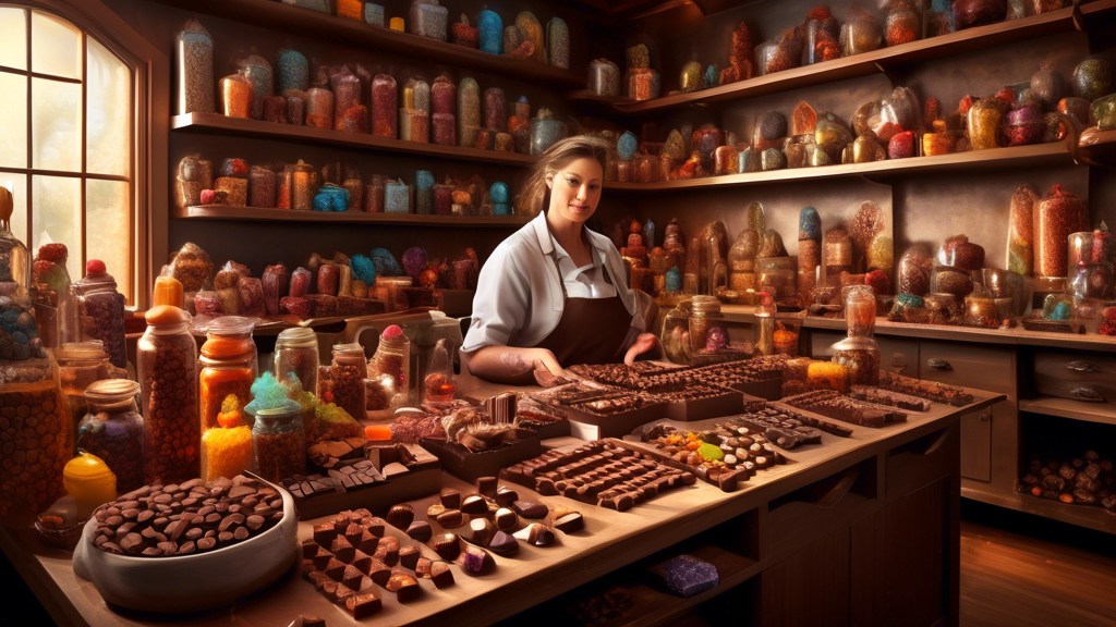 An imaginative chocolatier in a cozy, sunlit workshop, meticulously crafting an assortment of gourmet chocolates with exotic fillings, surrounded by trays of colorful, uniquely shaped molds and jars of rare spices and ingredients, embodying a scene of afternoon adventure in chocolate making.