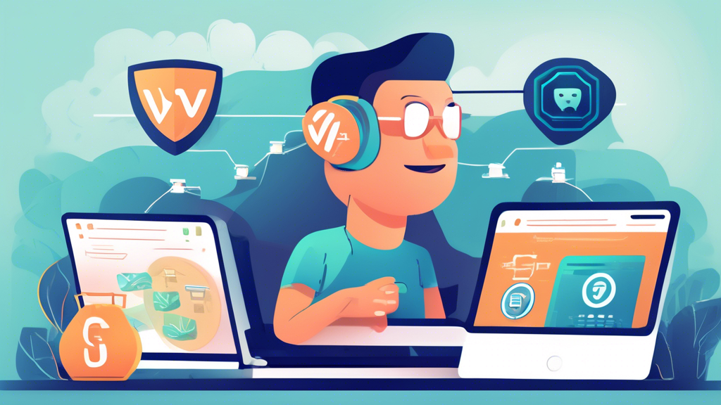 Create an illustration that showcases a thoughtful, tech-savvy individual comparing different VPN options on a computer screen. The scene should include checklists, icons for security, speed, and server options, and label elements like 