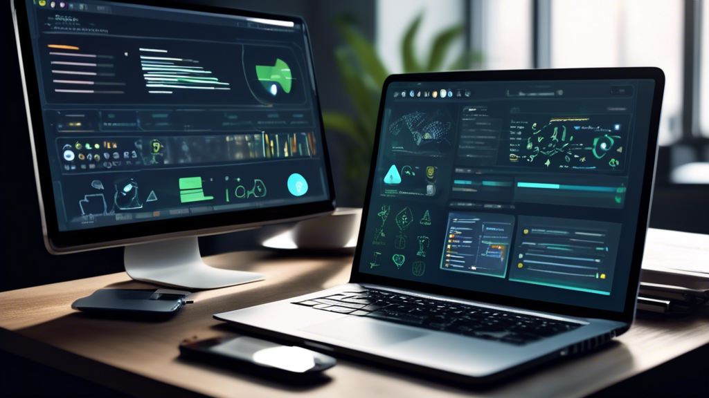 Create an image depicting a modern workspace with a sleek laptop displaying various online privacy tools in use. The screen should show a dashboard with icons and graphs highlighting features like encryption, tracking prevention, and data protection. Nearby, a notepad has notes with pros and cons, and user reviews with positive star ratings. The background should include subtle elements like a lock and shield to symbolize security and privacy.