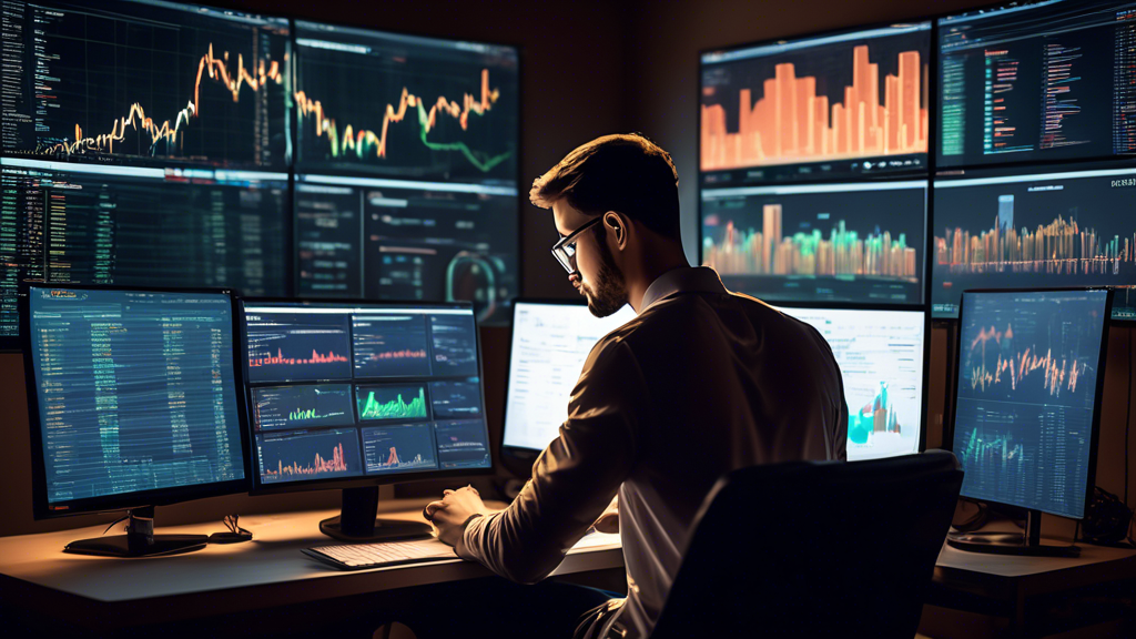 DALL-E prompt: An aspiring investor studying graphs and charts on a computer screen, depicting various cryptocurrencies. He has multiple screens, one showing a news feed of current events in the cryptocurrency world, another with graphical analysis for long-term investment strategies, and a third screen showing diverse crypto assets to represent portfolio diversification. He looks focused and determined, with shelves in the background containing books on finance and market strategies.