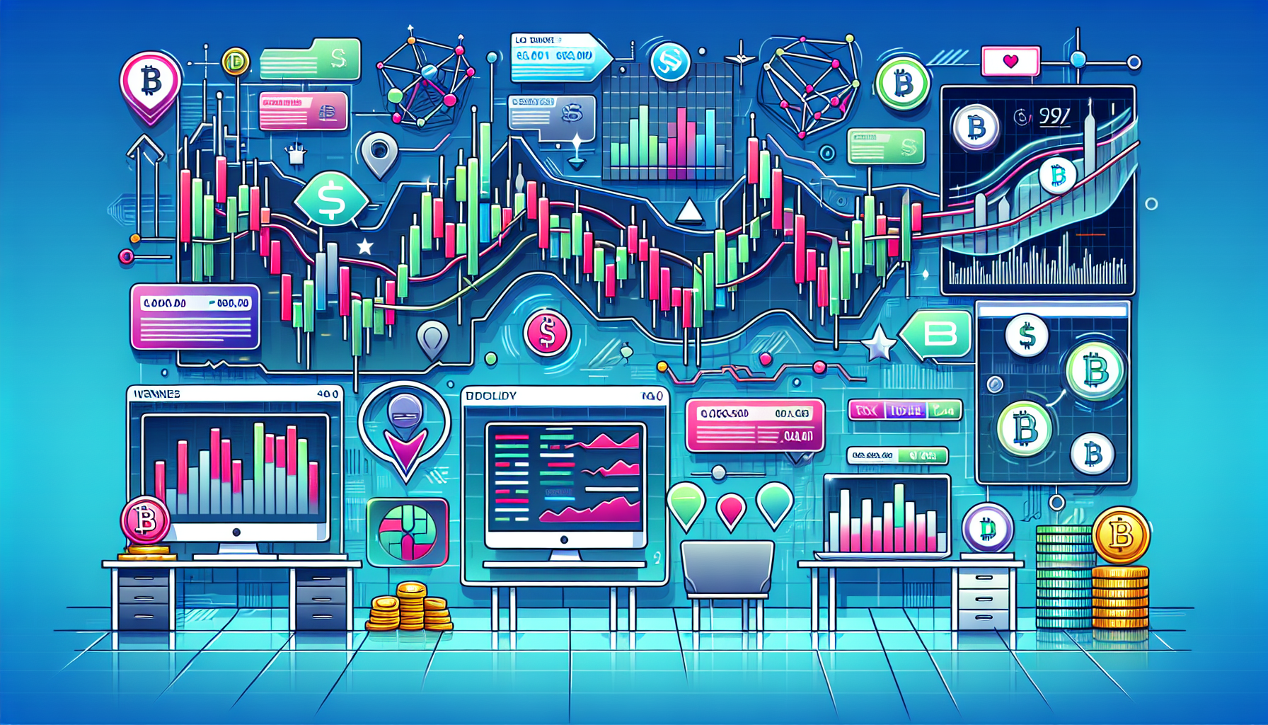 Create an illustration showcasing the main features and advantages of Bybit Exchange. Include visual representations of various trading pairs, tools like candlestick charts and order books, and highlight benefits like low fees and high liquidity. Make the scene vibrant with elements that convey activity and efficiency in a modern, high-tech trading environment.