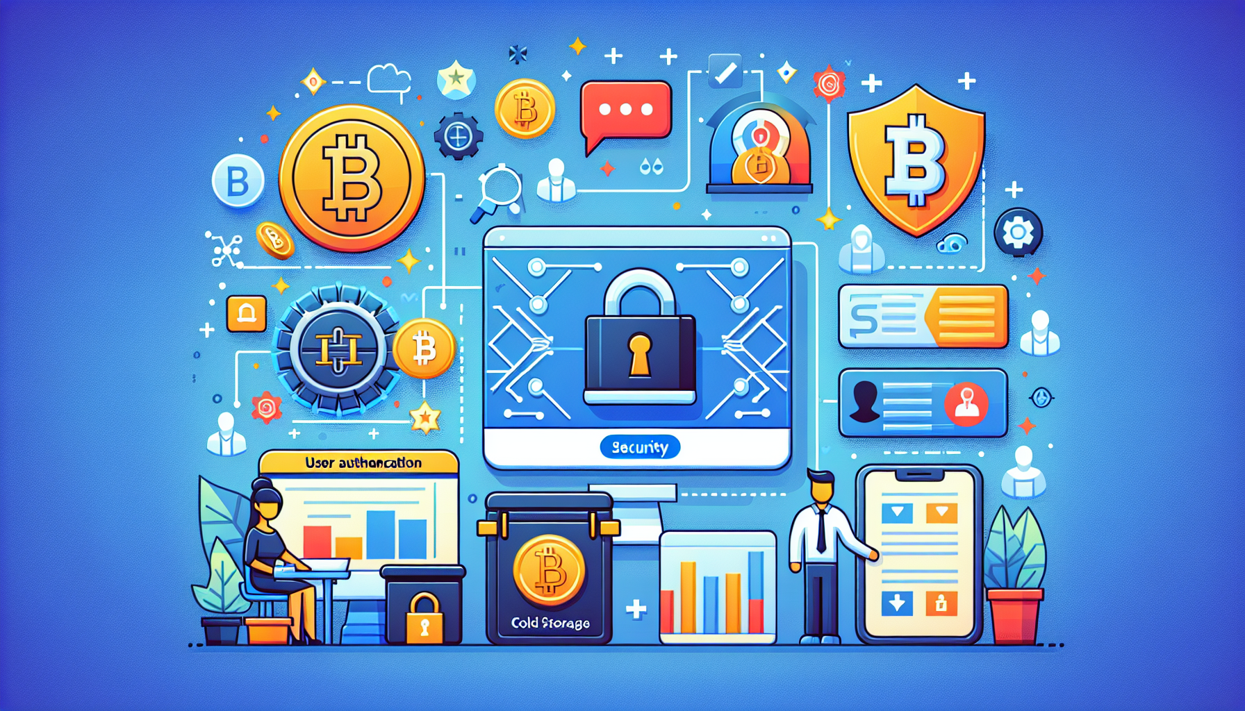Create an image that showcases the security and user support features of Bybit Exchange. The scene should include elements such as a digital lock symbolizing two-factor authentication, a cold storage symbol protecting cryptocurrencies, and an approachable customer support icon. Additionally, include educational resources like charts and help articles to represent the comprehensive support system of Bybit. The overall feel should be modern, secure, and user-friendly.