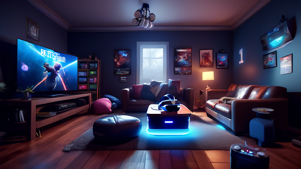 Create an image that features an inviting living room setup with a PlayStation 4 or 5 console connected to a PSVR system. Display a variety of PSVR game covers like Beat Saber, Astro Bot Rescue Mission, and Resident Evil 7. Include a user wearing a PSVR headset, holding PlayStation Move controllers, immersed in gameplay. Highlight the diversity in game genres by showing vibrant graphics of space adventures, horror scenes, and music rhythm games on a large screen. Emphasize excitement and variety in PSVR gaming.