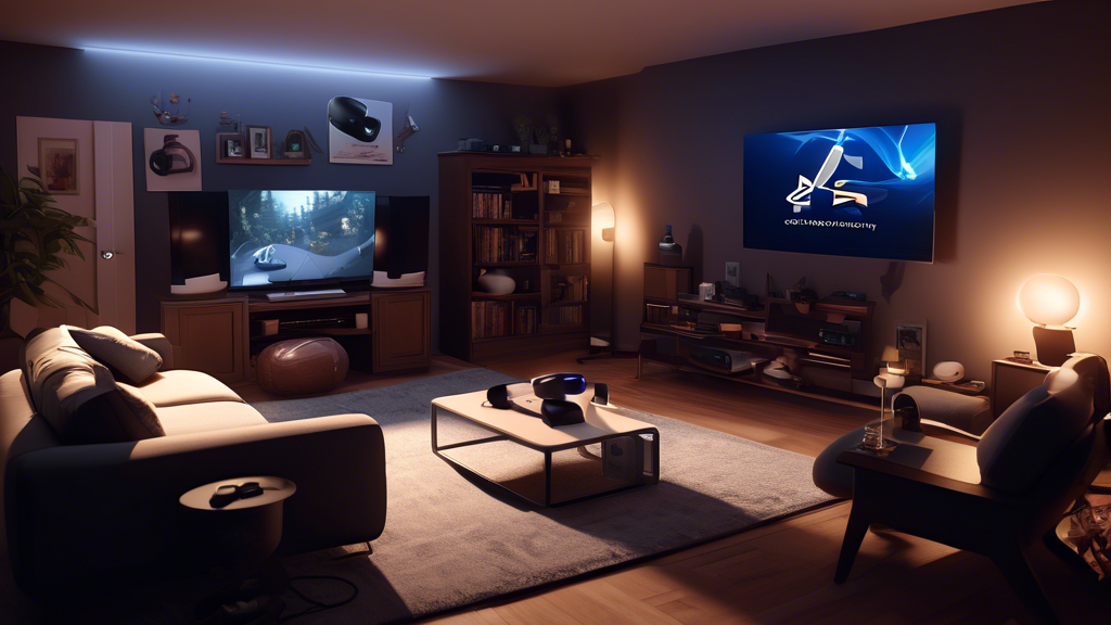 Create an image that illustrates a cozy living room setup dedicated to a top-tier PSVR experience. The scene includes a PlayStation console connected to a large TV, neatly organized PlayStation Move controllers, and a PSVR headset placed on a stand. The room has ample space to move around safely, with soft ambient lighting to enhance the immersive experience. Visual settings on the TV screen show an options menu for adjusting comfort and visual clarity. A user is in the process of putting on the PSVR headset, smiling and ready to dive into virtual reality. Additionally, a small whiteboard on the wall lists Maintenance Tips, Troubleshooting, and Health Guidelines for convenient reference.