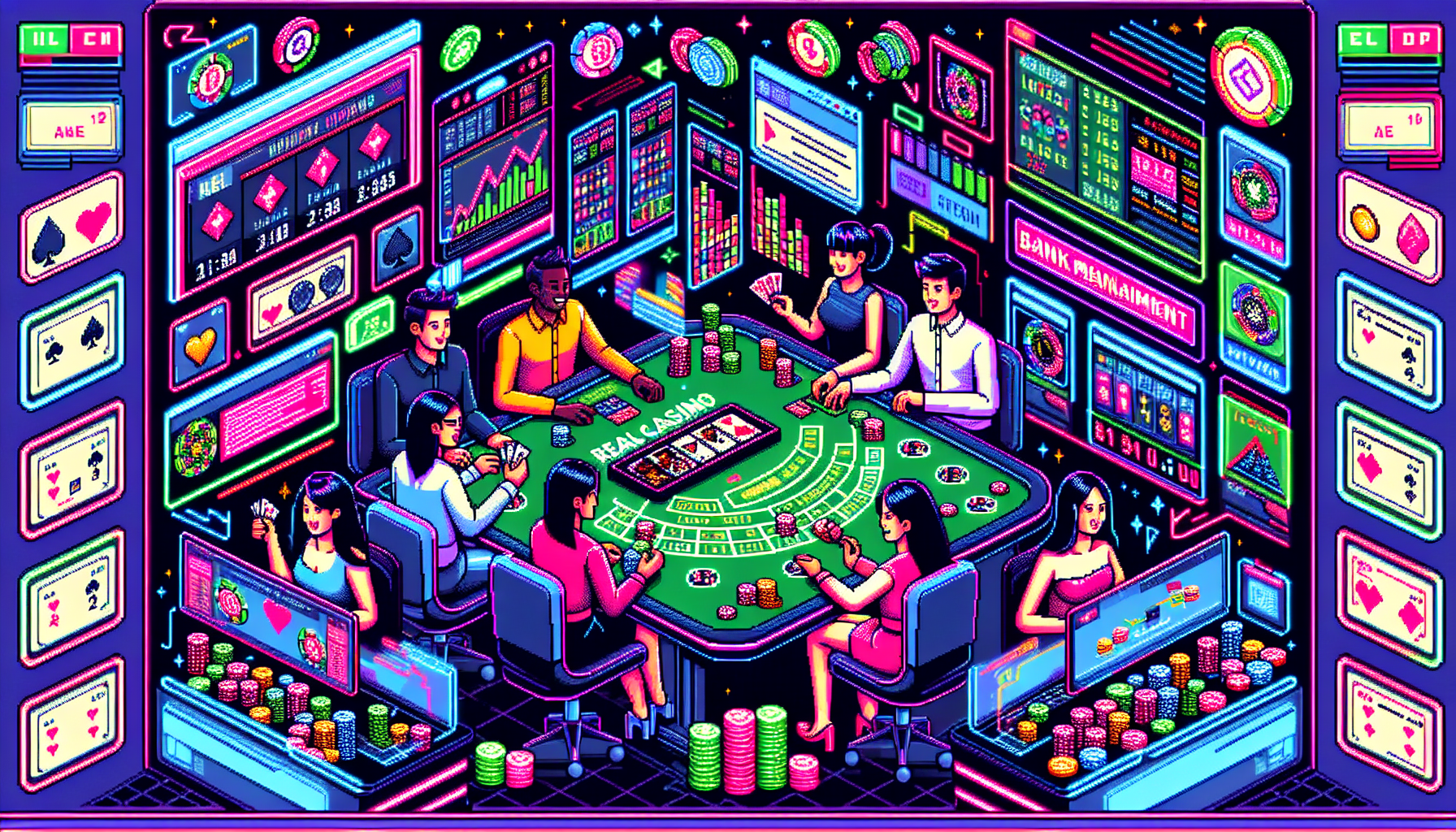 A dynamic scene of a diverse group of enthusiastic online gamers immersed in various casino games like blackjack, poker, and roulette, displayed on their computer screens. The background features vibrant, digital casino elements with flashing lights and spinning slot machines. Emphasize effective strategies by showing charts and notes on a desk, and depict bankroll management with organized stacks of chips. Include elements that highlight casino bonuses and promotions, like pop-up notifications on the screens. Integrate the keyword 