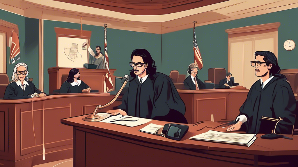 Create an image illustrating the legal and ethical implications of call hacking. Show a courtroom scene where a judge is presiding over a case related to call hacking. On one side, depict a hacker in stereotypical attire being accused, while on the other, show victims and lawyers seriously discussing the breach of their communication privacy. Use visual elements like scales of justice and digital data streams to emphasize the theme. Insert thought bubbles with texts representing ethical questions, like Is violating privacy ever justified? and a legal note pointing to the penalties. Use somber colors to reflect the gravity of the situation. Keywords: call hack, legal implications, ethical considerations.