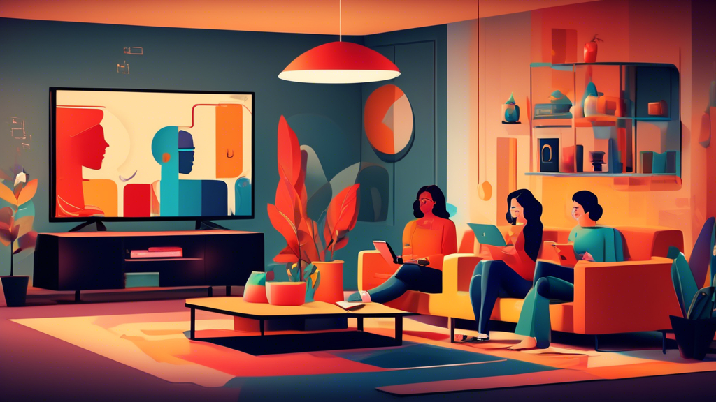 A cozy living room scene featuring people enjoying Amazon Prime Video on various devices, like a smart TV, tablet, and smartphone. Include icons representing offline-viewing and multiple profiles on the TV screen. Emphasize a user-friendly interface with a warm, inviting atmosphere.